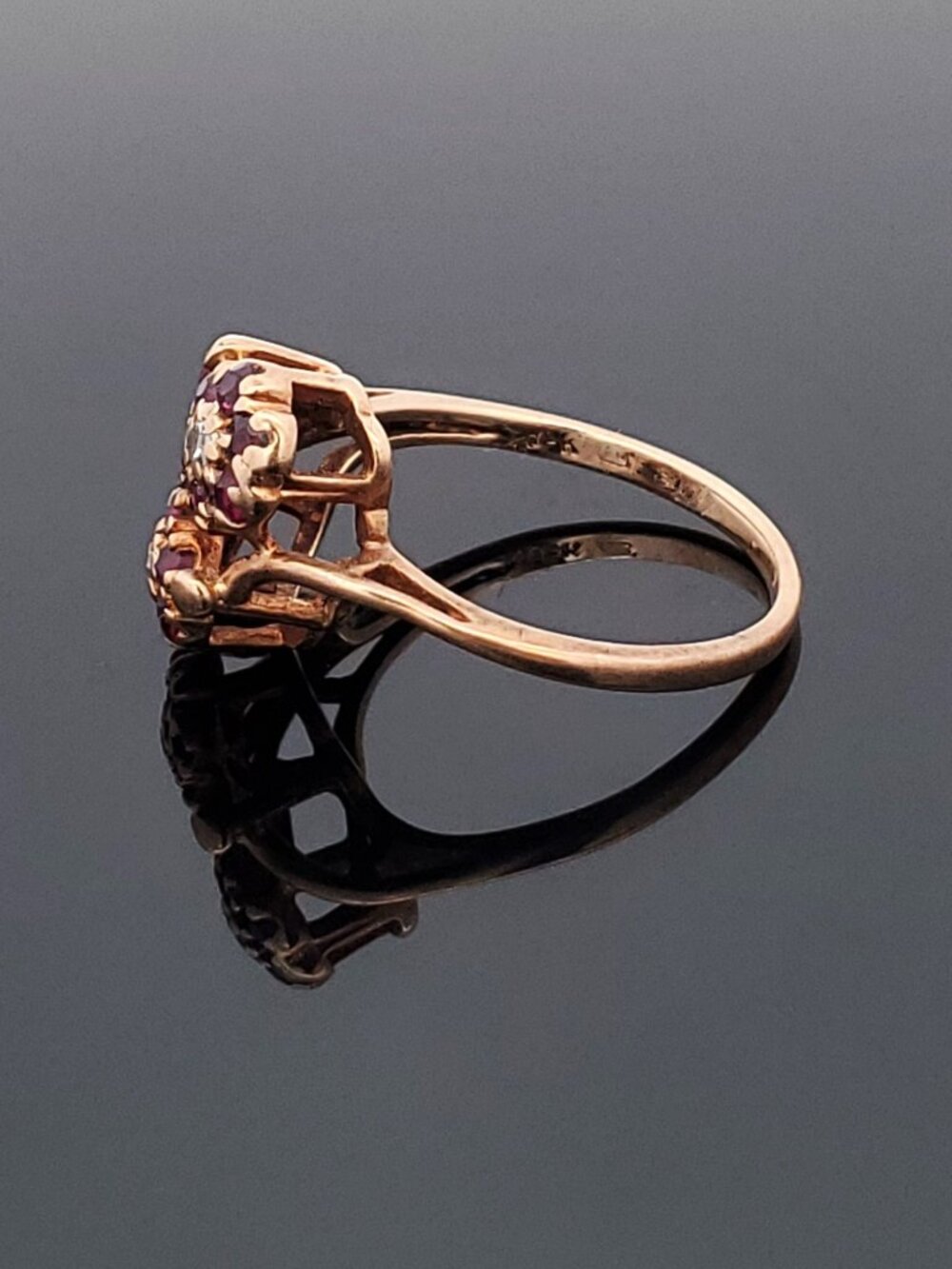 Vintage 10K Yellow Gold Diamond & Rhodolite Garnets Floral Bypass Ring Size 7 - Picture 10 of 13